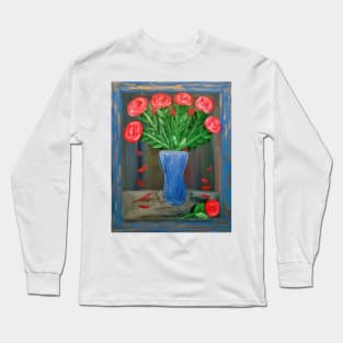 Red roses In blue boarder Long Sleeve T-Shirt